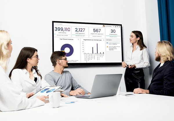 Association staff members looking at statistics on a dashboard