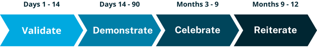 4 phases: Days 1-14: Validate. Days 14-90: Demonstrate. Months 3-9: Celebrate. Months 9-12: Reiterate.