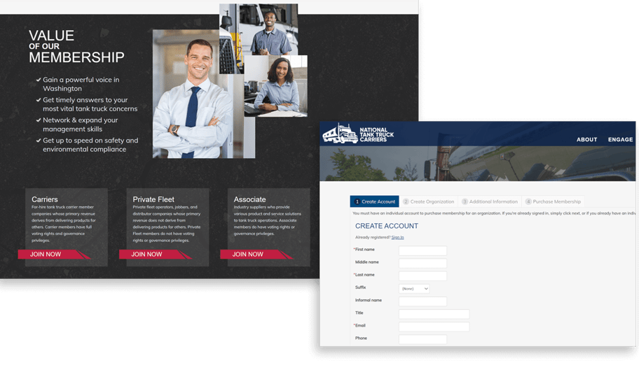 National Tank Truck Carriers' website clearly lays out the three member types. Each has a "Join Now" buttons that leads to an account creation page.