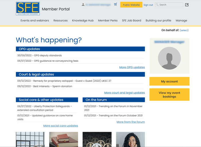 Solicitors for the Elderly's website which features a member portal with relevant updates, forum posts, and resources.