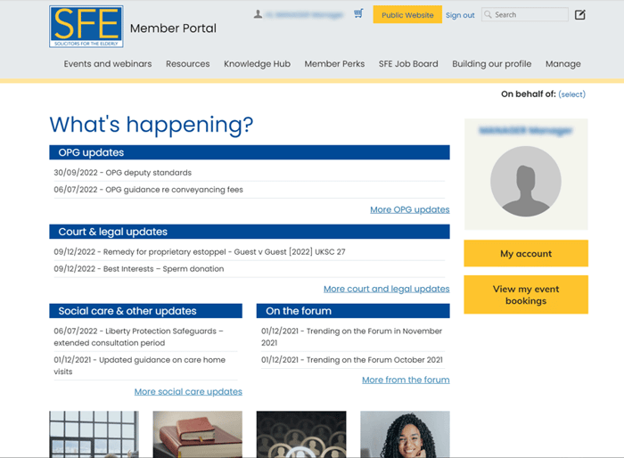 Solicitors for the Elderly's website which features a member portal with relevant updates, forum posts, and resources. 