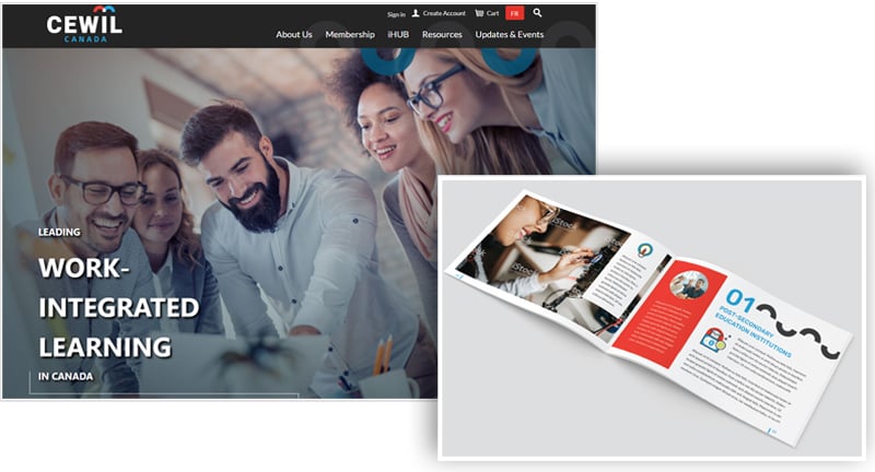 Co-operative Education and Work-Integrated Learning Canada's website which feaures a consistent color palette across pages and downloadable content.