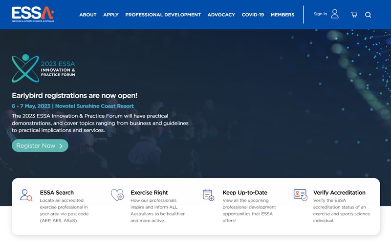 Exercise & Sports Science Australia (ESSA) homepage, which features clear navigation and four quick links based on their target audiences.