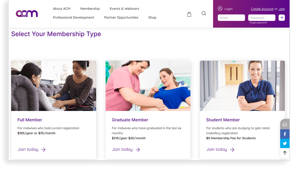 Australian College of Midwives' (ACM) membership types webpage.