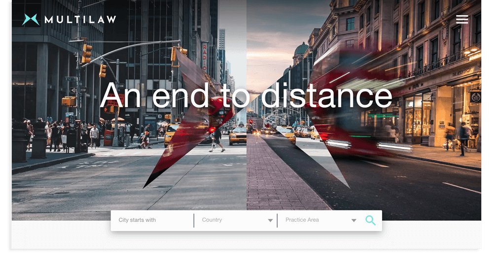 Multilaw's homepage with a function to set their location and practice area to receive the most relevant content.