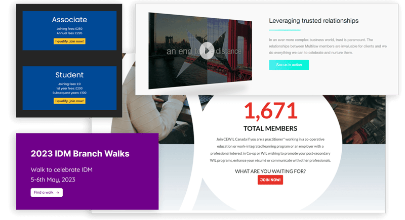 Four examples of CTAs using buttons with text like "Join Now", "Find a Walk" and "See us in action"