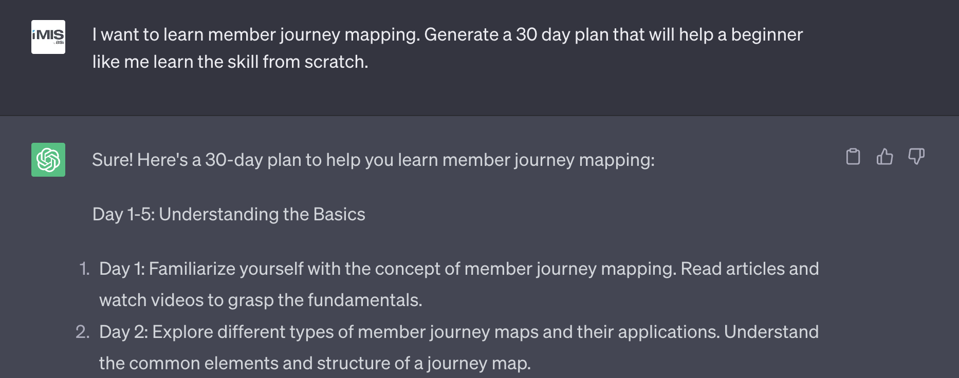 ChatGPT lays out a 30-day plan for learning member journey mapping.