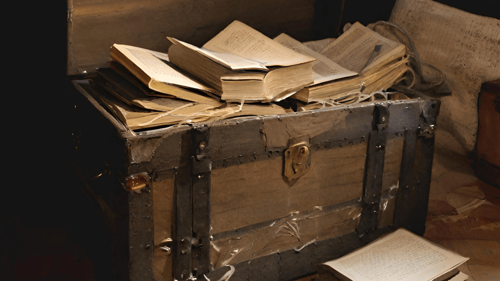A wooden trunk full of old, dusty books and cobwebs. AI generated.