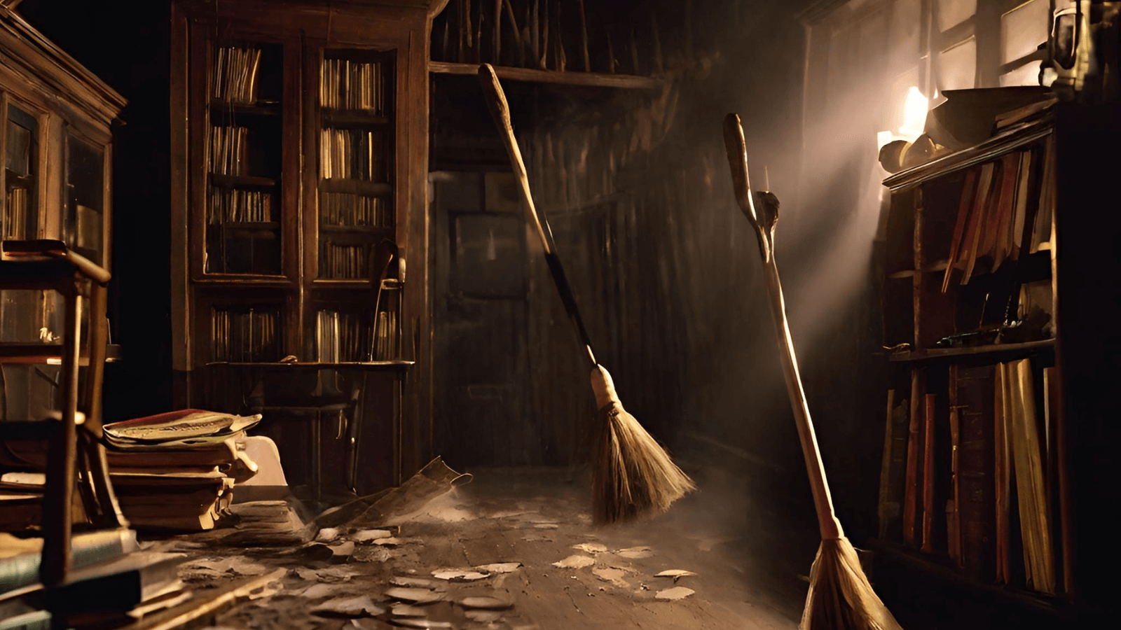 Brooms sweeping up a dusty attic. AI generated.