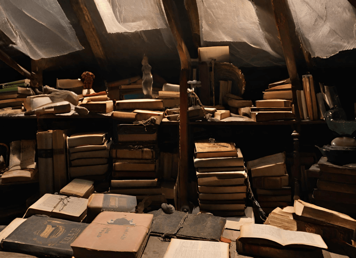 A dusty attic with old books. AI generated.