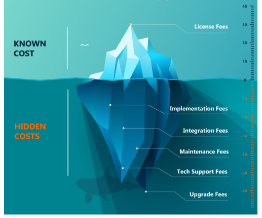 Iceberg graphic - known vs hidden costs. The section of the iceberg above the water is labeled "Known Cost" and contains "License Fees". The section of the iceberg below the surface is labeled "Hidden Costs" and contains "Implementation Fees", "Integration Fees", "Maintenance Fees", "Tech Support Fees", and "Upgrade Fees"