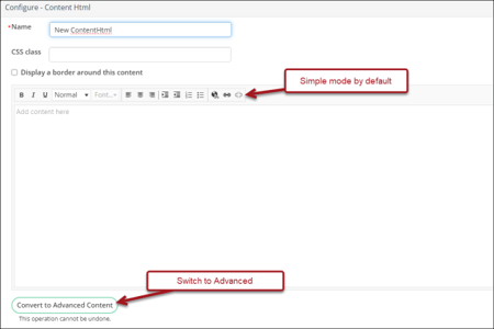 Simple and advanced modes for the content HTML content item