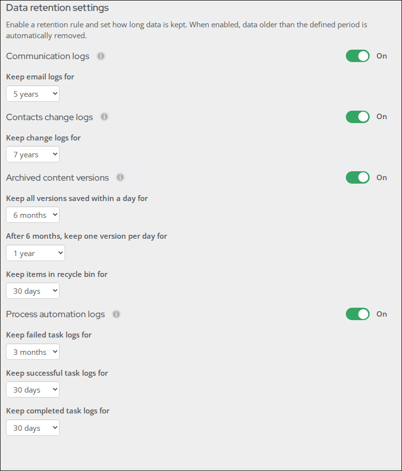 Configurable data retention settings