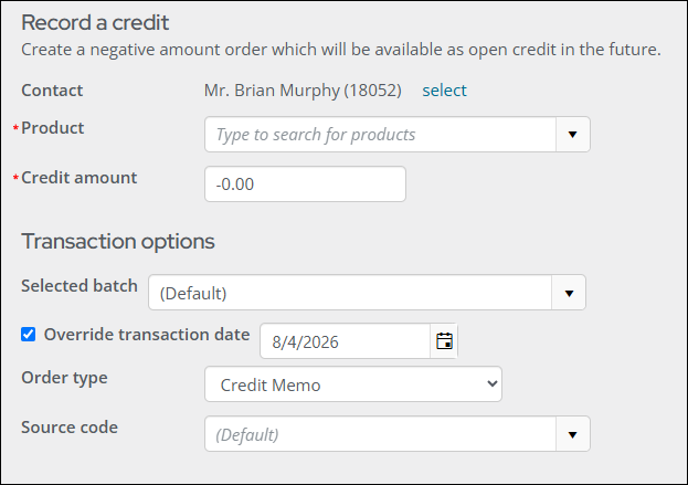 A new Record a credit feature lets staff users grant a contact credit by processing a negative amount order. Recorded credits can also be adjusted or removed directly from the associated invoice.