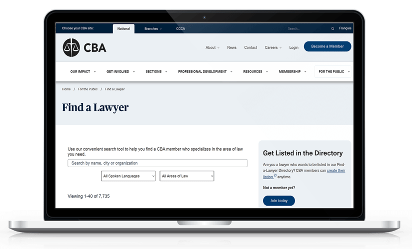 Canadian Bar Association's "Find a Lawyer" webpage allows users to search based on name, city, organization, spoken language, and area of law.