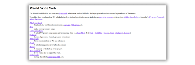 Screenshot of the first website, http://info.cern.ch. It has a white background, black text, and hyperlinked blue text.