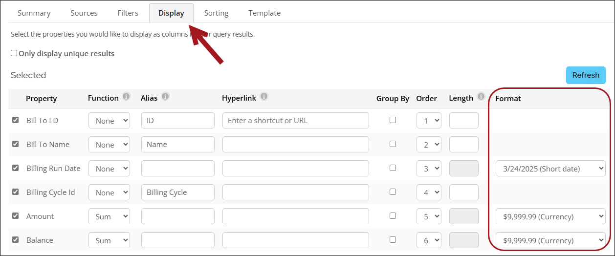 The Display tab of a query now has a Format column where staff users can choose what format they want specific properties to display in. Format examples include "short date" and "currency".