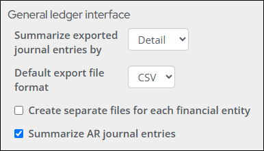 iMIS interface showing a checkbox for "Summarize AR journal entries"