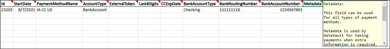 Metadata column in a spreadsheet that says "This field can be used for all types of payment methods. Metadata is used by DataVault for taking payments when extra information is required."