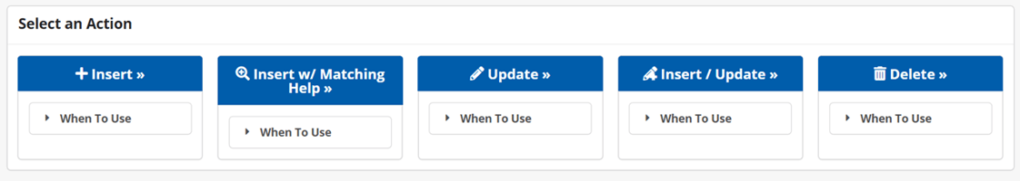 Guidance menu buttons have been added to help users determine when to use specific action within iDMS. The button layout has also been optimized for improved visibility and usability across devices. Buttons include Insert, Insert w/ Matching Help, Update, Insert/Update, Delete.