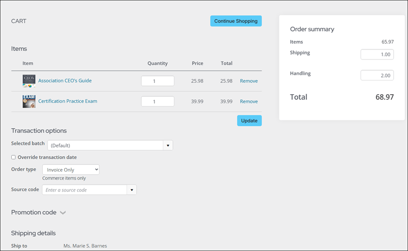 The shopping cart experience has been updated to improve clarity, readability, and usability across devices. Enhancements to both the Shopping Cart and Cart Charges Display content items modernize the interface, improve mobile responsiveness, and provide new configuration options.