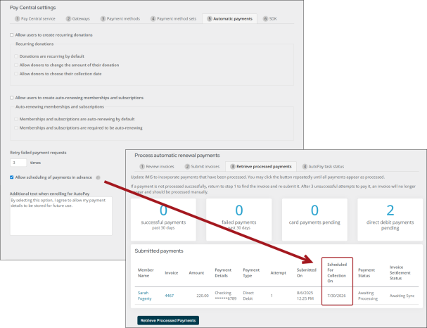 User checks off box that says "Allow scheduling of payments in advance" and then sees the date on which it is scheduled for collection.