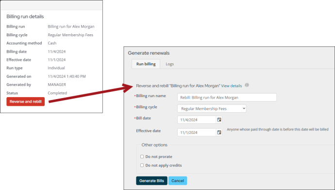 Clicking Reverse and rebill takes staff users directly to the Generate renewals page with the original billing details already filled in, making it easy to adjust and regenerate the billing.