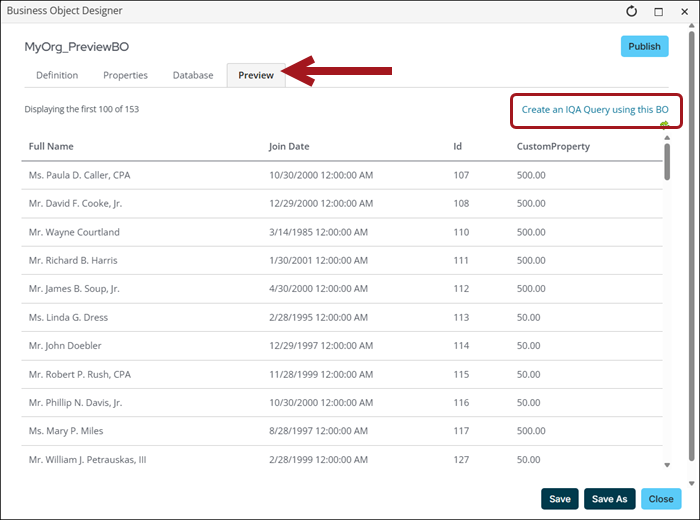 Open a business object and click the Preview tab. The first 100 rows are displayed as they would appear in a query, and users can directly create a new IQA query from this preview.
