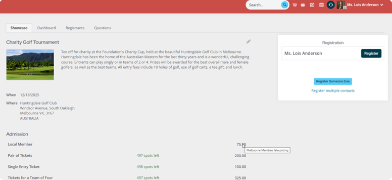 Staff users view pricing messages for products and hover over event registration options to see tooltips explaining the price source, whether based on group, membership, or timing rules.