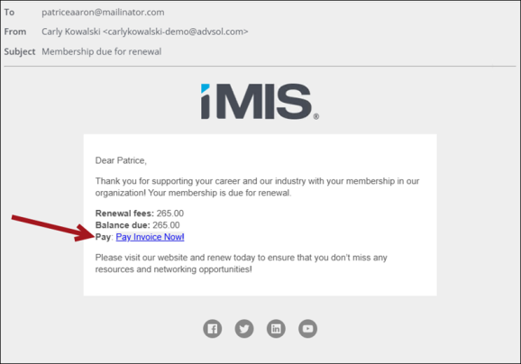 Renewal notifications issued from Membership > Renewals > Issue notifications can now include a direct Pay Invoice link.