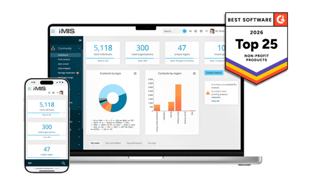 iMIS® on a laptop and mobile device. iMIS made the list of top 25 non-profit software products from G2's Best Software awards.