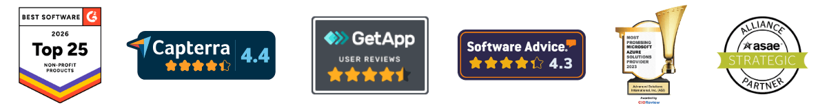 Review site badges from G2, Capterra, GetApp, Software Advice, and CIOReview. ASAE Strategic Partner.