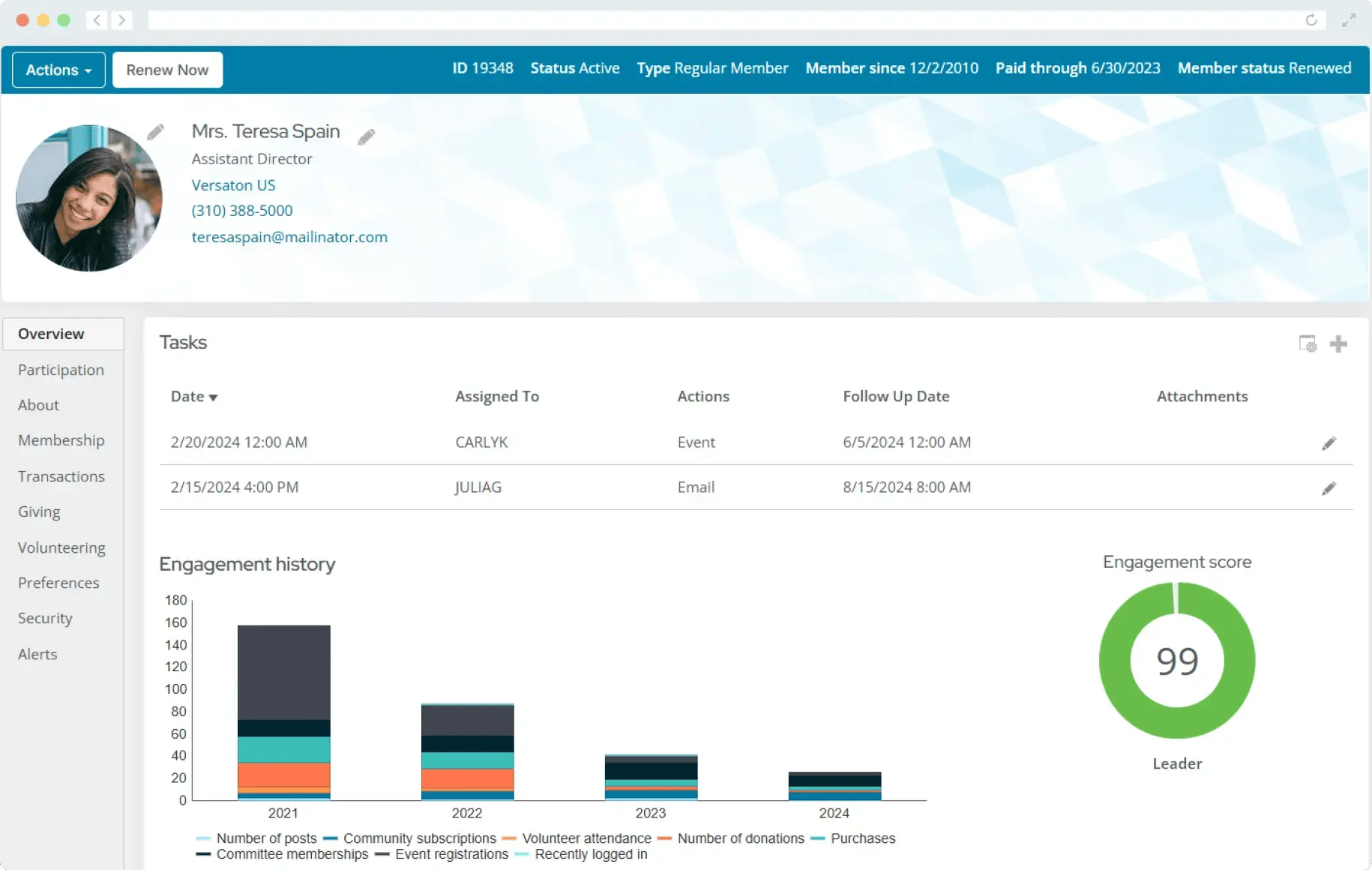 An example of a member profile within a membership management system.