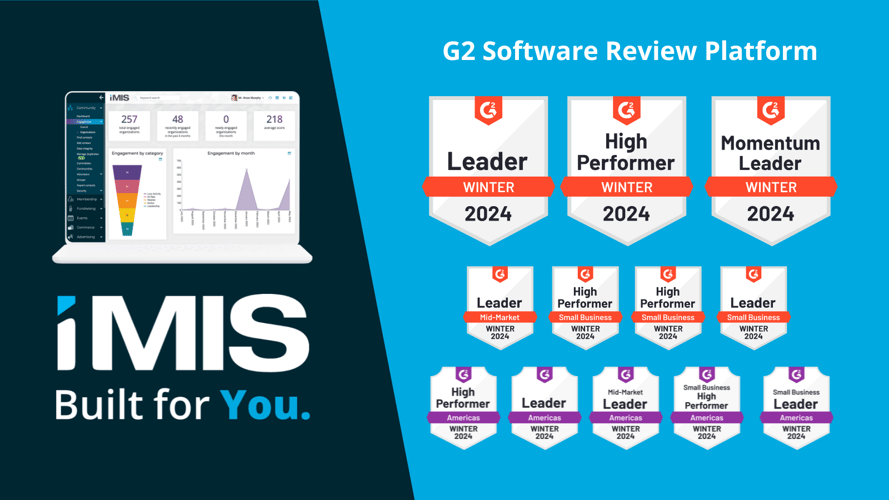 iMIS earns multiple badges from G2 in the Association Management Software (AMS) and Non-Profit CRM Software categories. 