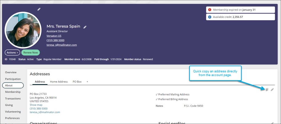 Quickly copy an address directly from the account page using the copy button.