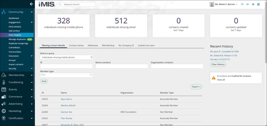 iMIS data integrity dashboard