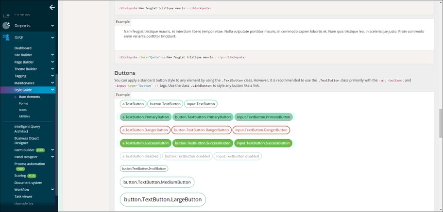 Interface of the iMIS style guide showing saved buttons