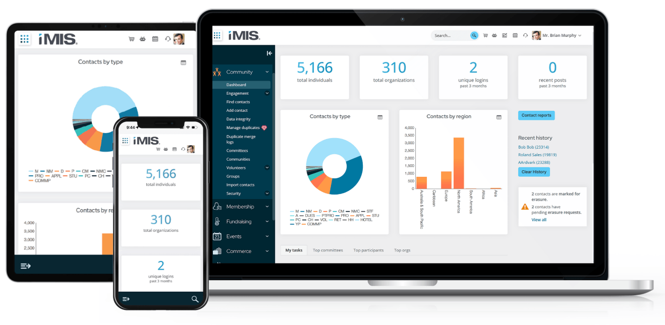 A mockup of iMIS’s membership management features, displayed on a laptop, tablet, and smartphone.