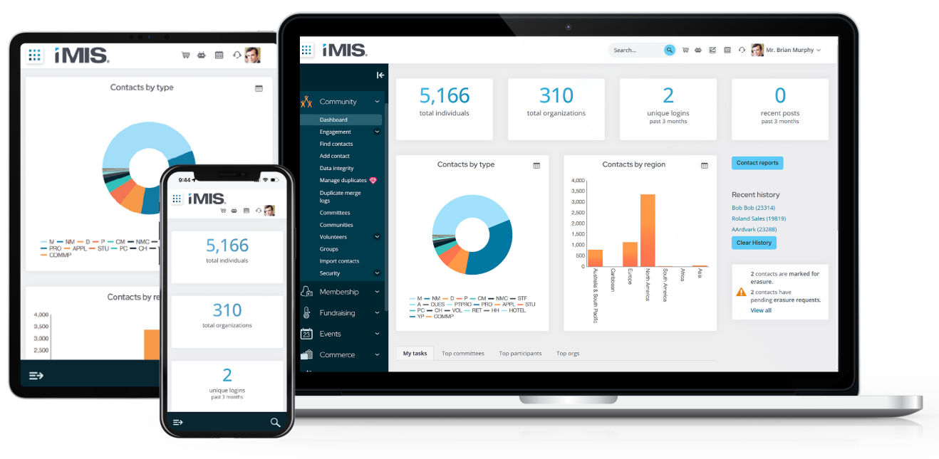 A mockup of iMIS’s engagement management system for associations on a laptop, tablet, and smartphone.